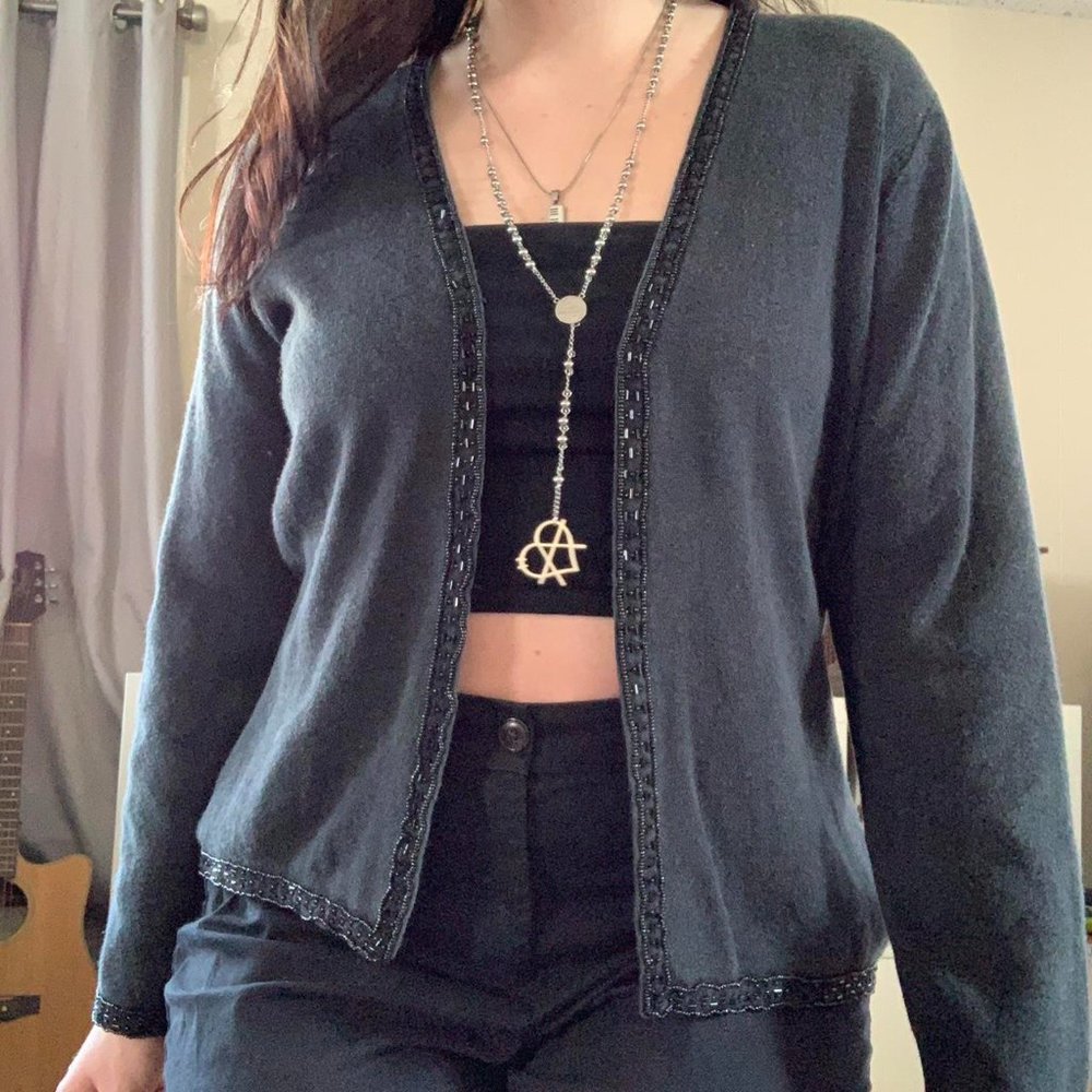 Black Cotton Beaded Cardigan